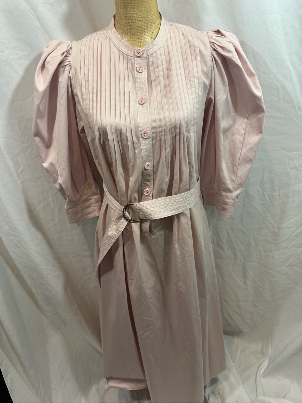 HUNTER BELL Pale Pink Pleated Puff-Sleeve Midi Shirt Dress with Belt M